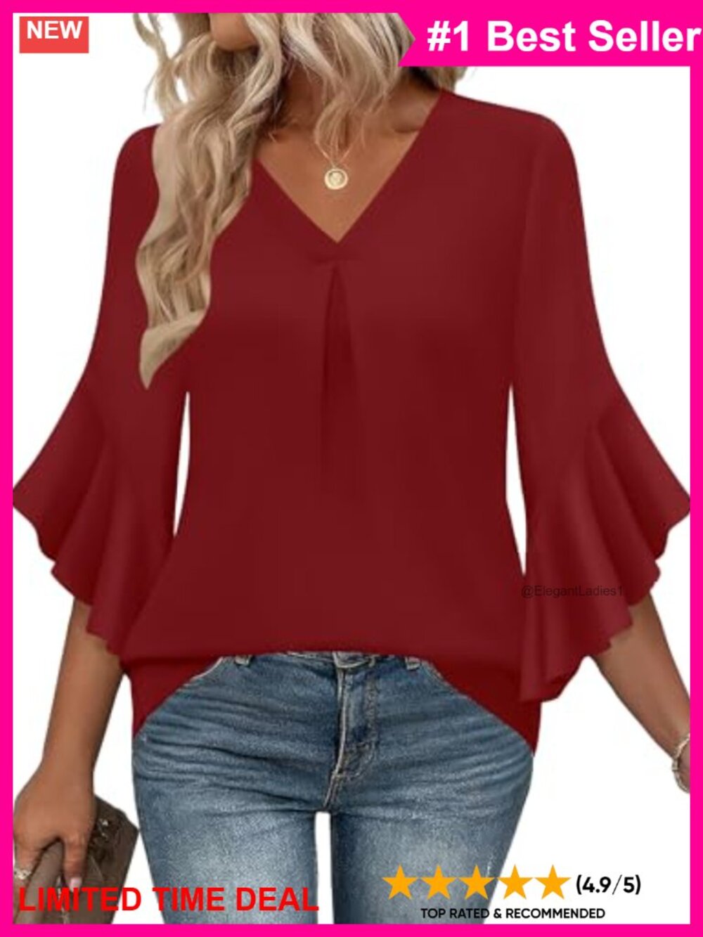 LUYAA Women's 3/4 Sleeve V-Neck Pleated Blouse Business Casual Tunic Top